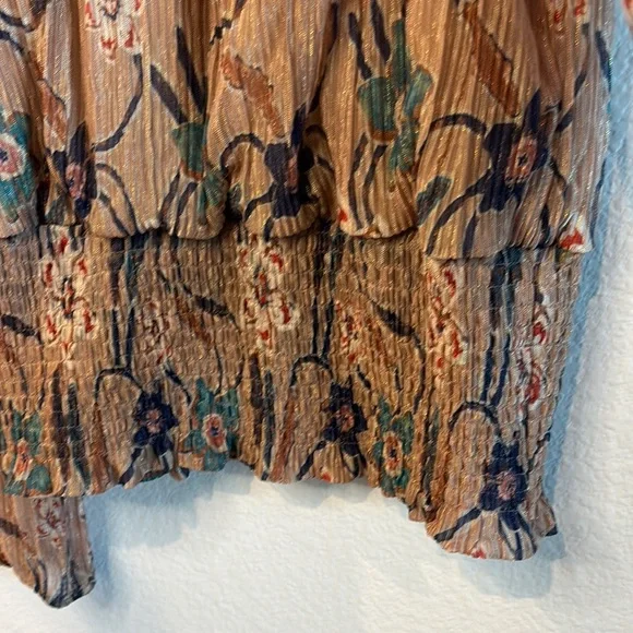 Joie Brocade High Neck Smocked Waist Tan Multicolor Shimmer Floral Top L - Picture 8 of 11